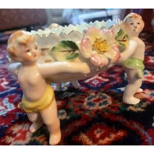 Fine Soft Porcelain Art Meissen Style Putti Compote Applied Floral Hand Painted